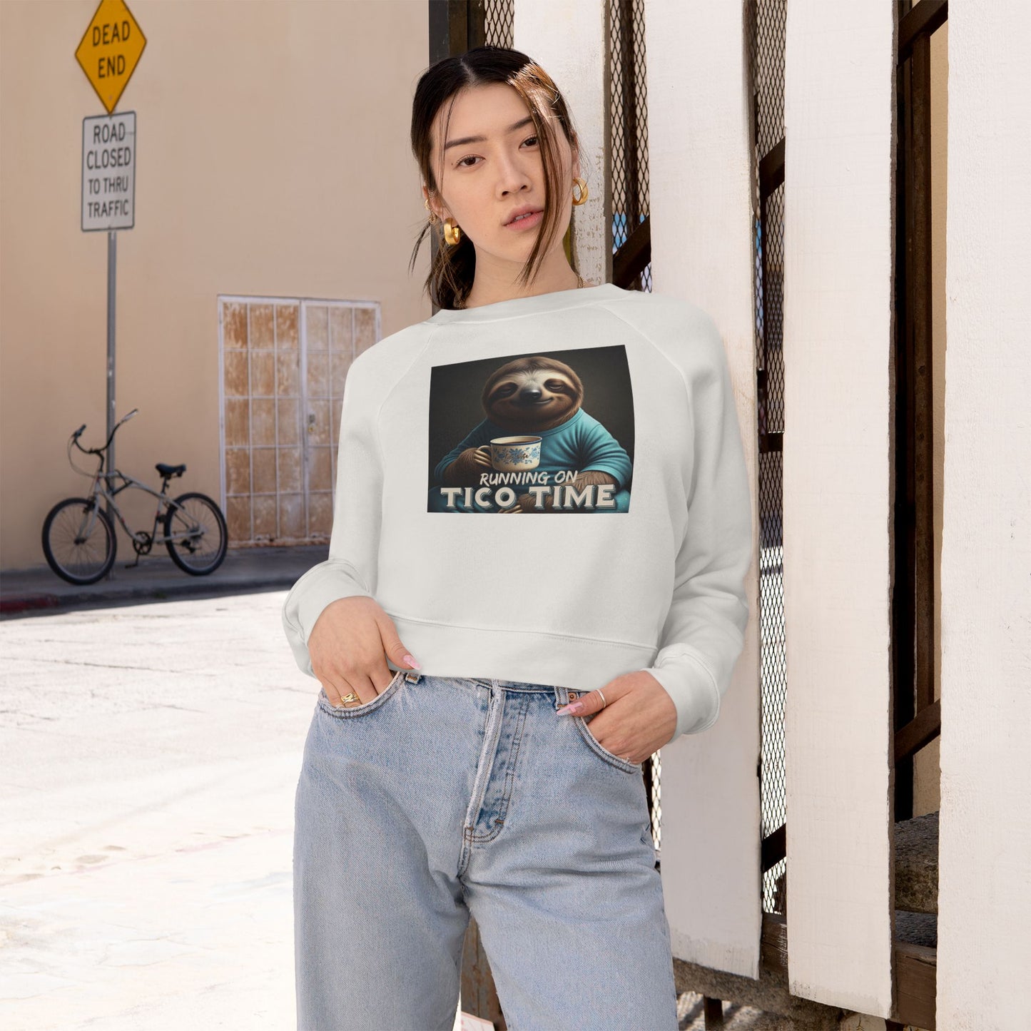 "Sloth running on Tico Time" Women's Cropped Fleece Pullover