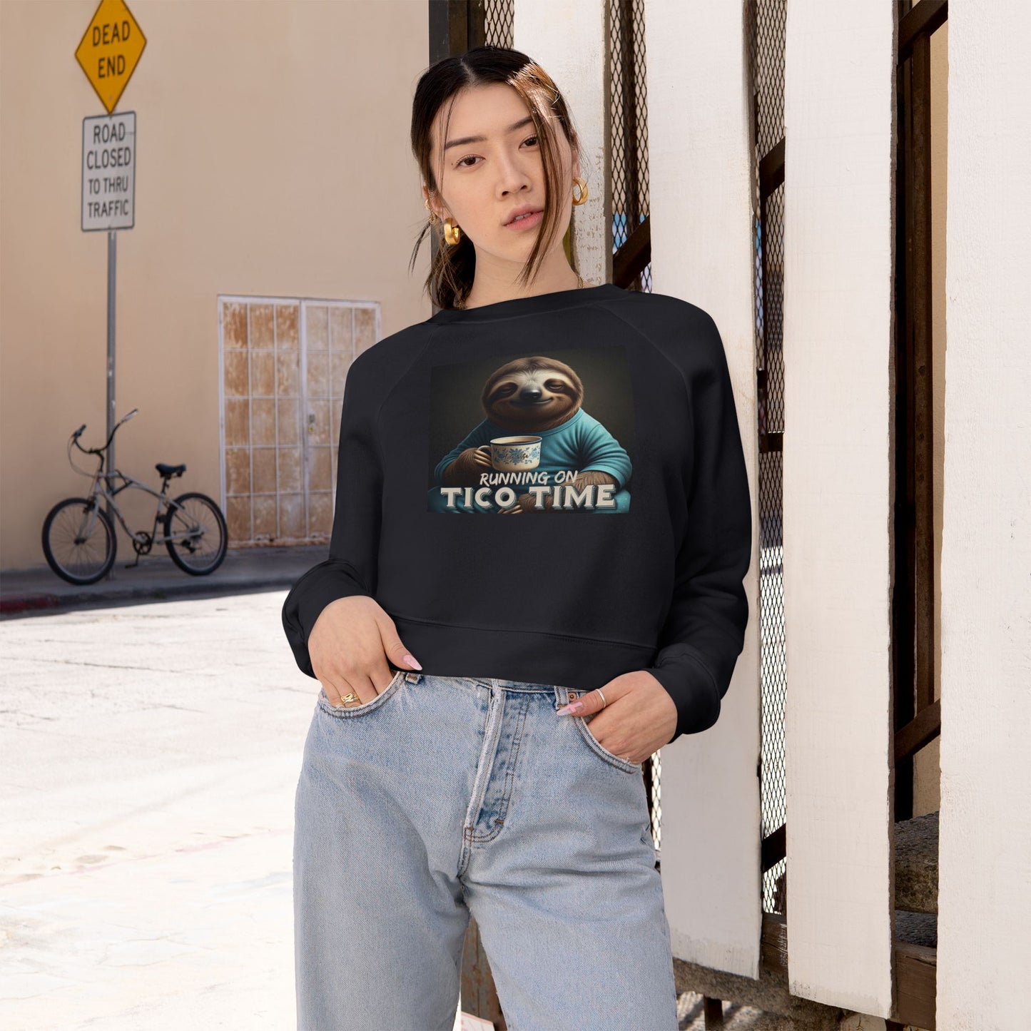 "Sloth running on Tico Time" Women's Cropped Fleece Pullover