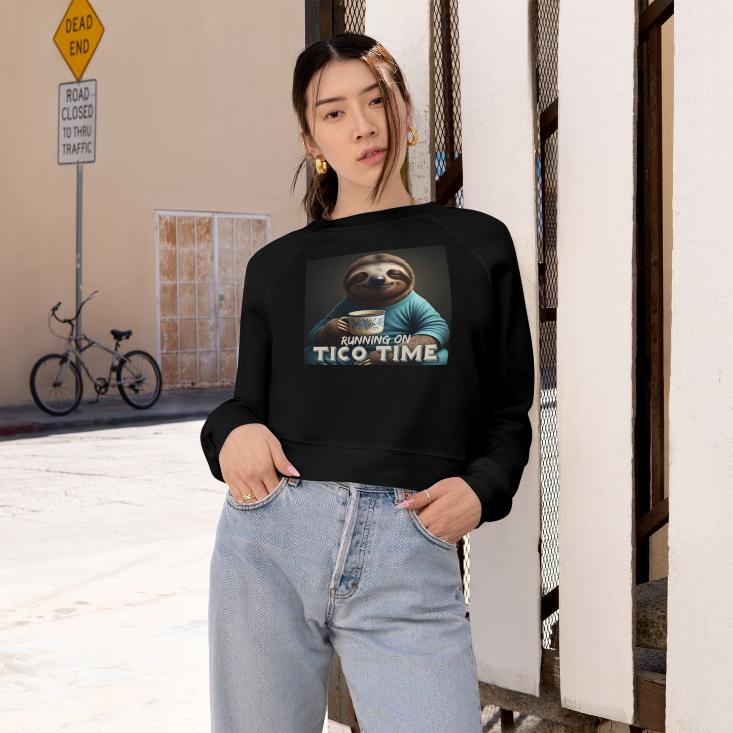 "Sloth running on Tico Time" Women's Cropped Fleece Pullover