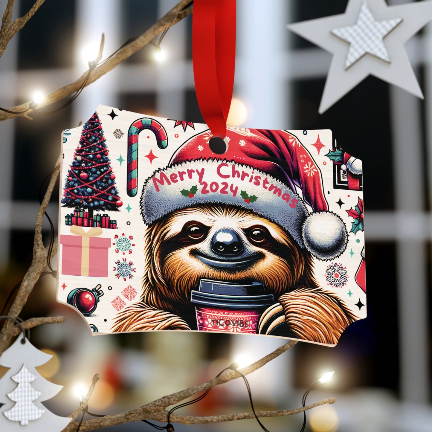 "Merry Christmas Sloth" Plywood Ornaments